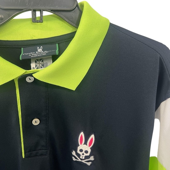 Psycho Bunny Polo Shirt Mens 2XL Navy Neon Green Colorblock Golf Skull Logo - Picture 2 of 16